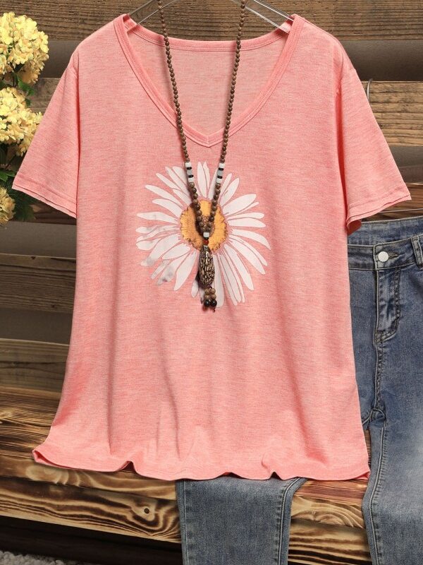 Women's Floral V-neck Short Sleeves T-shirt